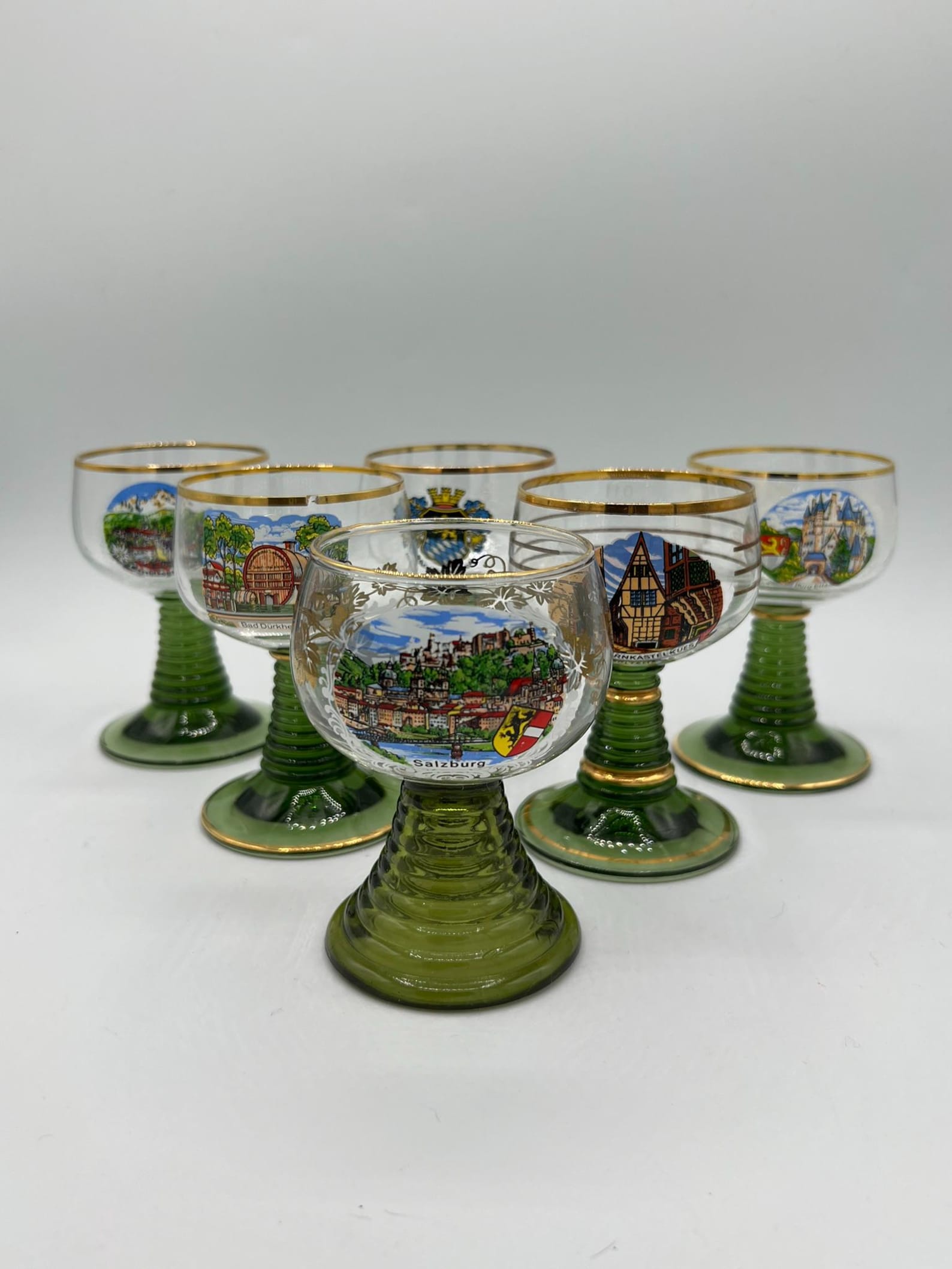 Vintage German Crystal Roemer Glass Set - WINE GLASSES - with Green Bee Hive Stem - Gold Trim - Set of 6 - Souvenir Glasses