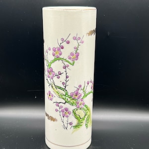 Vintage Tall White Flower Vase - Purple Flowers - Handpainted Violets - Crackled Glaze - So Amazing!!