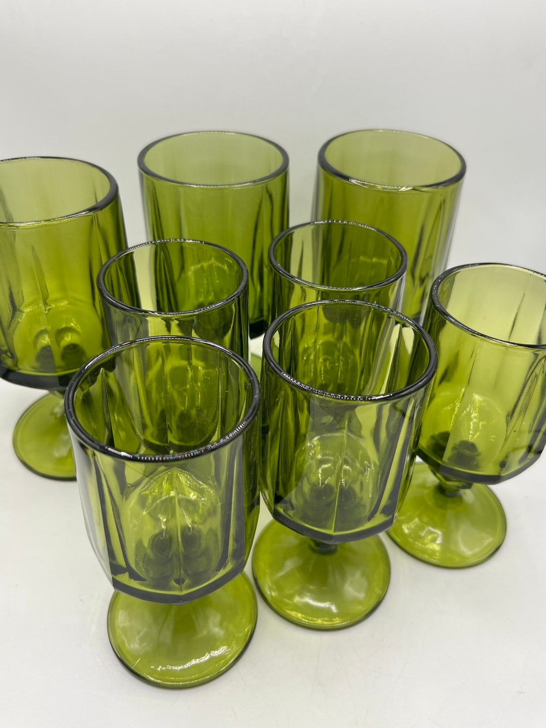 Footed Olive Green Wine Glasses 3 Large, 5 Small 70s Groovy Design and