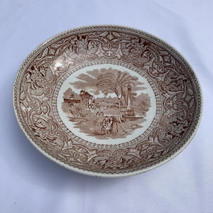 Antique 19th c Aesthetic English Ironstone Transferware Bowl, “Italy” by E M & Co. Edge Malkin, Brown Toile