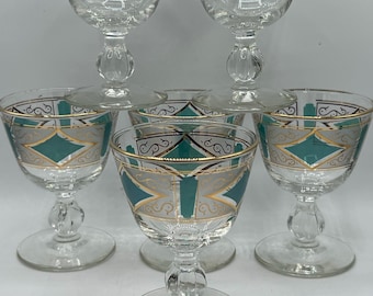 Vintage Federal Glass - Aqua And Gold - Glasses - Set of 6 - Retro Coolness!!