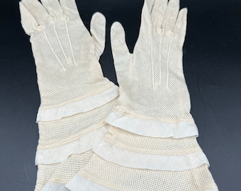Vintage 60s White Nylon Fishnet Gloves with Ruffles