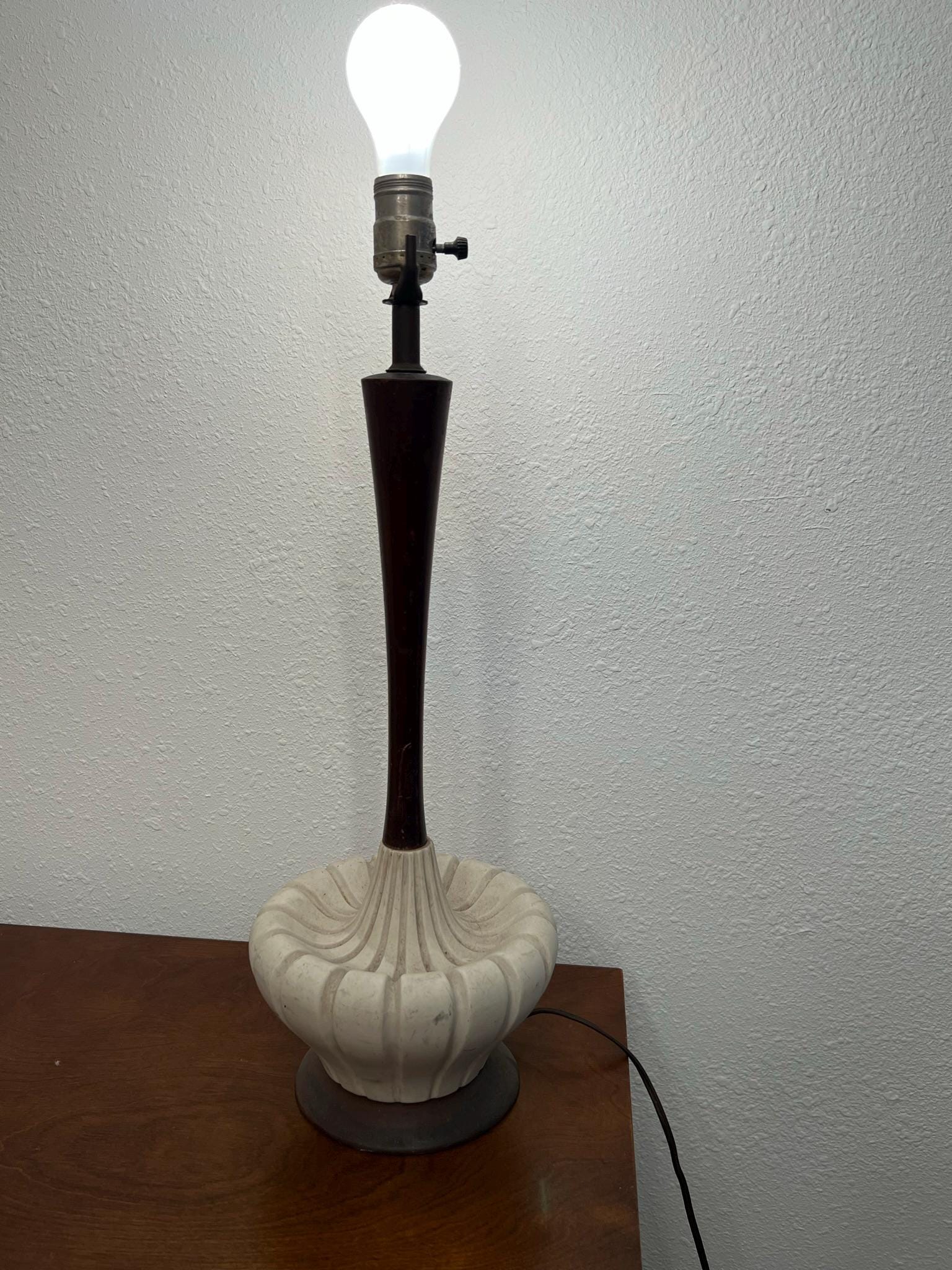 Vintage MCM Ceramic Table Lamp with Walnut Trim