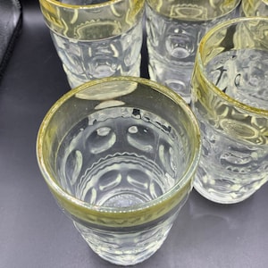 Vintage Heavy Pressed Glass Drinking Glasses - Kings Crown Pattern - Indiana Glass Co - Set of 5 - Yellow Border - Amazing Set!!