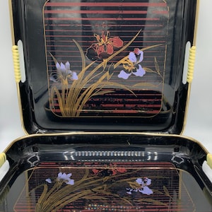 Vintage MCM Melamine Serving Trays: Black Floral Design, Set of 2