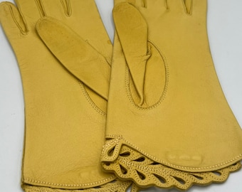 Vintage 60s Mustard Yellow Leather Gloves: Cut Out Leaf Trim, Size 6.5