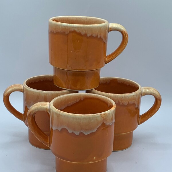 Vintage Orange Drip Glaze Stacking Mugs from Japan - Set of 4 Coffee Mugs