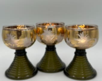 Set of 3 Vintage - Roemer Hock Wine Glasses Etch Floral Green Gold Prunts Hollow Stem