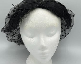 Vintage Black Hat: Handmade Wedding Party Headwear - Swiss Dot Netting