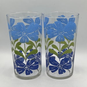 Set of 2 Vintage MCM Tumblers: Blue Floral Barware