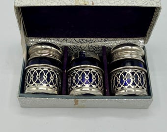 Vintage Cobalt Blue Glass Salt and Pepper Shaker in Sterling Cases - Depression Era Glass - So Fantastic!