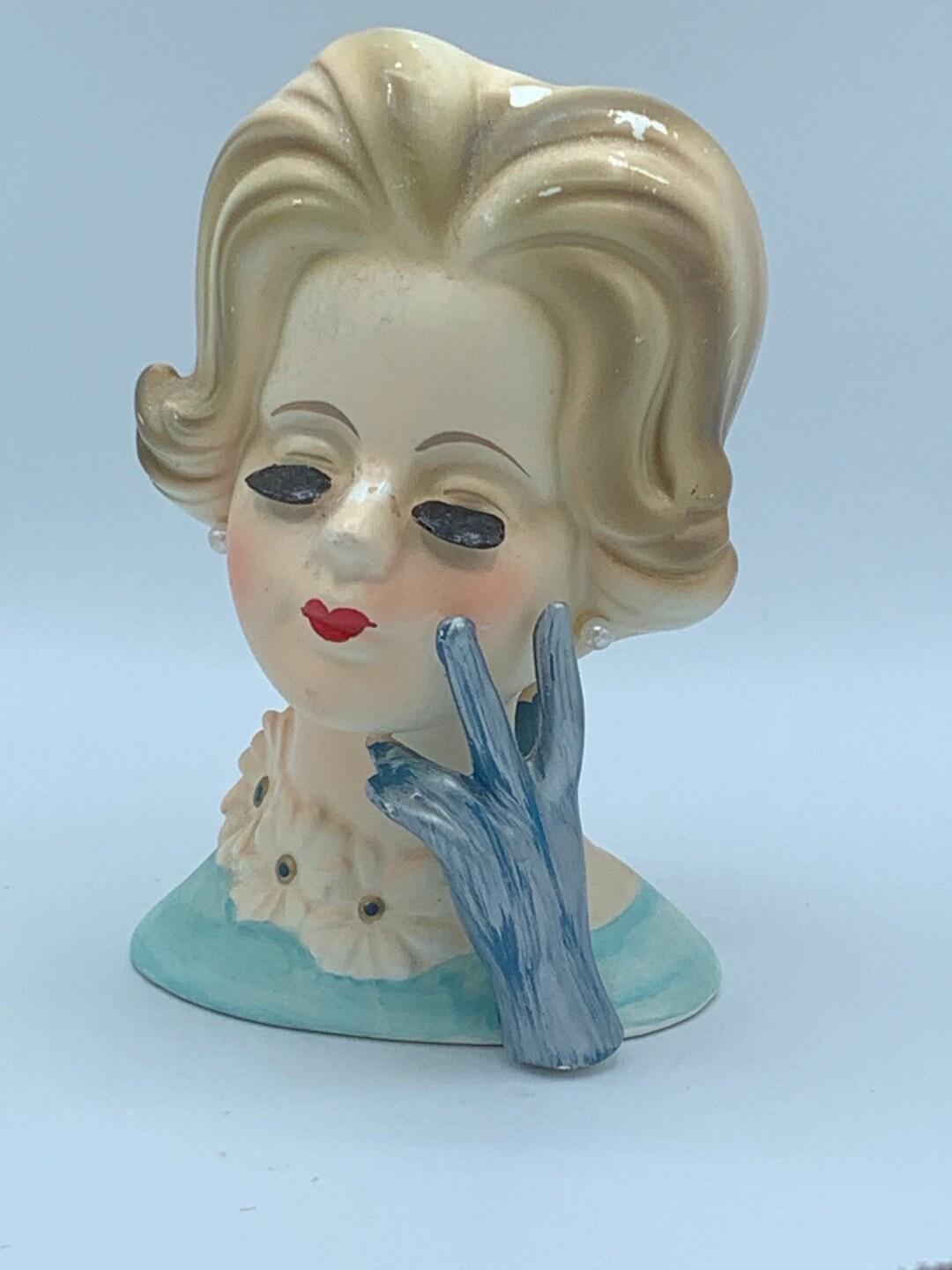 VINTAGE Lady Head Planter, Daisy Necklace, Blonde Hair, Red Lips, Blue