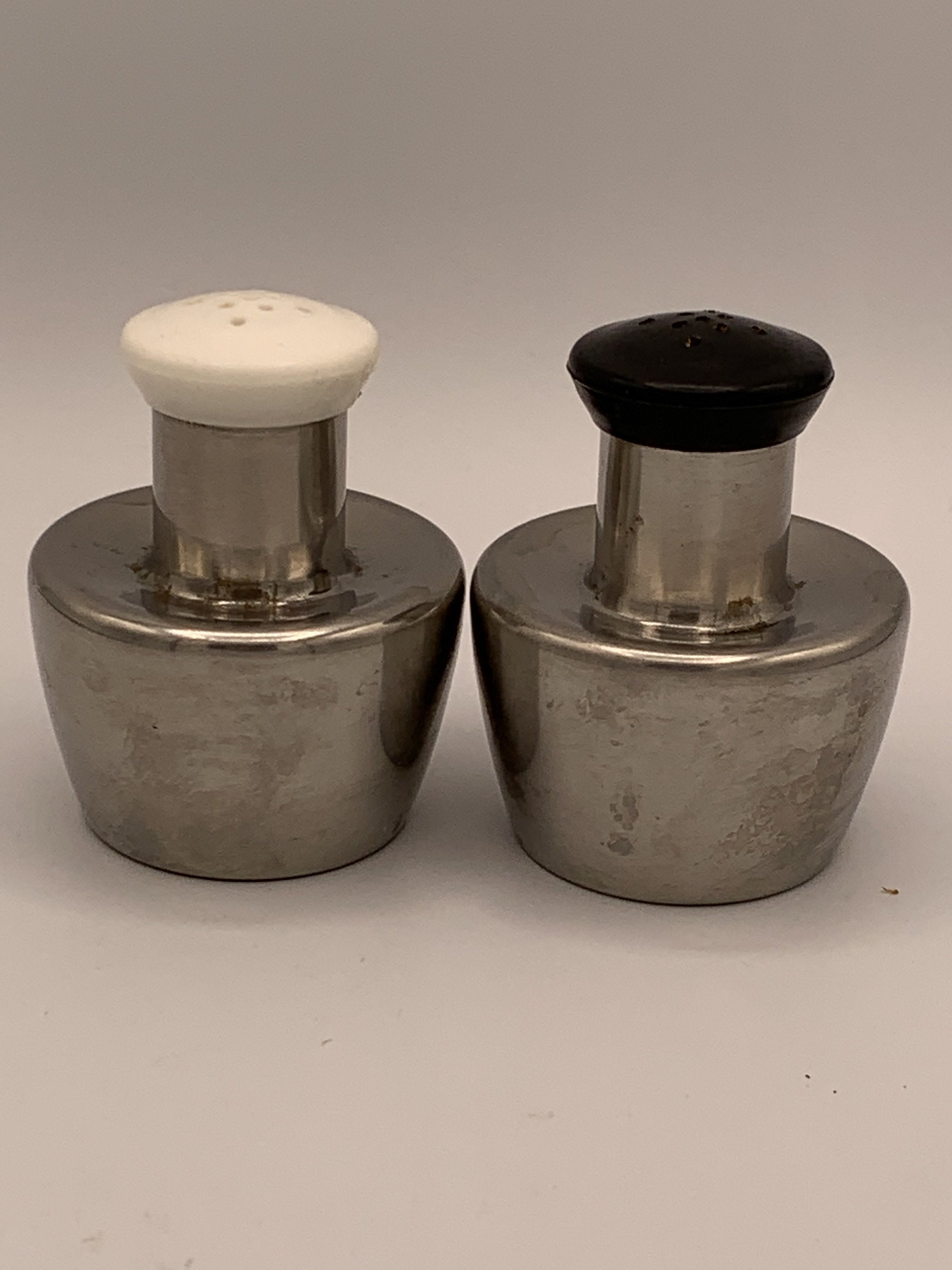 Vintage Salt and Pepper Shakers Stainless Steel with Black Etsy