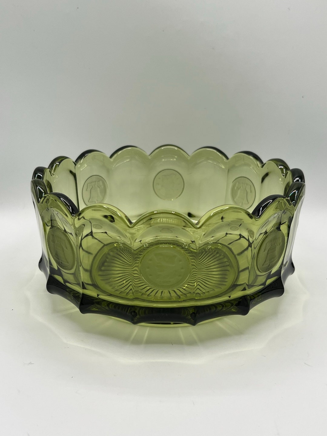 Vintage Fostoria Candy Dish Olive Green Coin Glass Etsy
