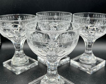 Vintage Etched Crystal Wine Glasses - Square Base, Czechoslovakia - Set of 4