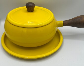 1970s Retro Bright Yellow Fondue Pot With Lid and Under / Serving / Crudité Tray - Make some Chocolate or Cheese Fondue!! So Yummy!!!