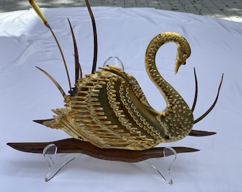Mid Century Modern Swan Punched Tin Sculptures - Super Cool - Tin on Wood - Two in Set - 11 inches by 11 inches