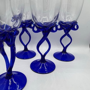 Vintage Cobalt Blue Stem Wine Glasses - Handmade Art Glass, Set of 4