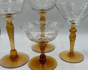 Vintage Etched Amber Stemmed Wine Glasses - Mismatched Set of 4