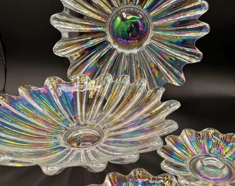 Iridescent Vintage Fostoria Celestial Glass - Platter, Console Bowl, 2 Candle Holders