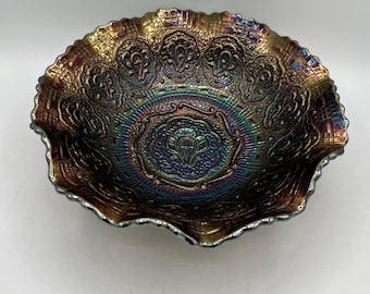 Fenton PERSIAN MEDALLION Carnival Ruffled Bowl Rare Marked Collectibles Glass Antique Vintage