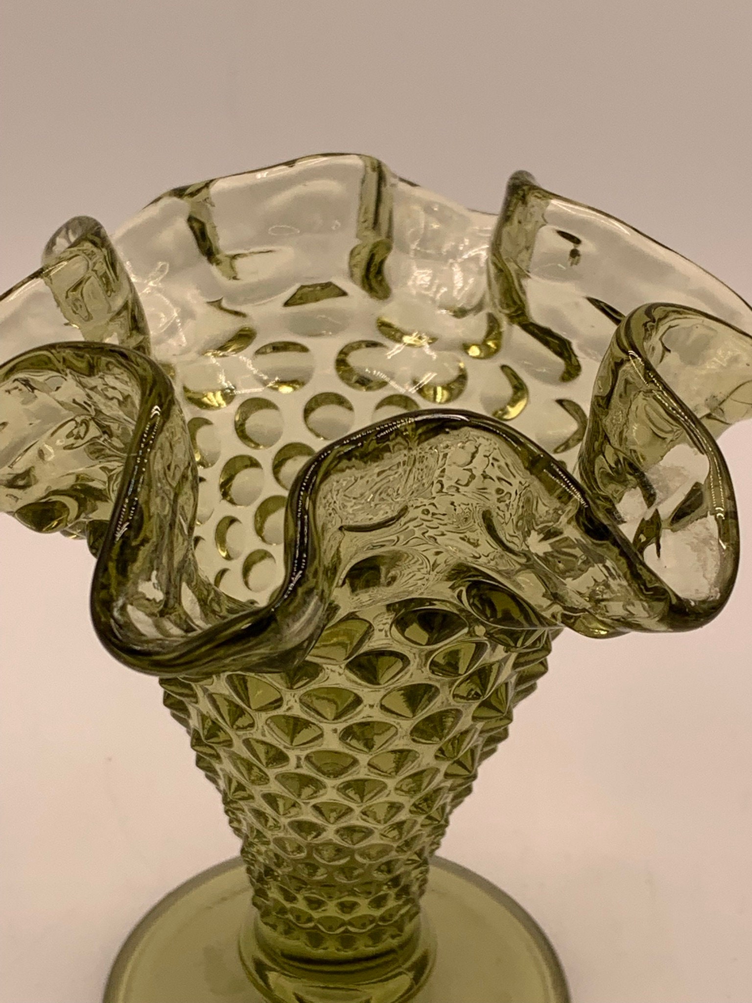 Vintage Glass Trumpet Vase Ruffled Edge Taupe / Brown Etsy