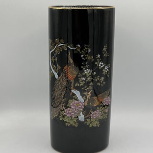 Vintage Otagiri Style Black Vase: Floral Bird Design, Made in Japan, 1980s
