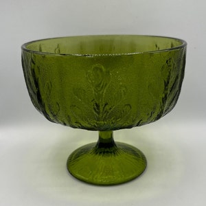 Vintage Indiana Glass Avocado Green - Oak Leaf Design - Footed Bowl - Compote Dish - Circa 1978