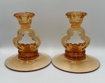 Vintage Czech Orange Art Deco Candle Holders - Hand Painted