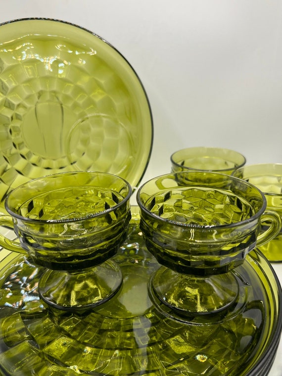 Vintage Olive Green Glass Snack Plate With Matching Cup Set Etsy