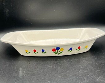 Vintage Tulip Casserole Dish: White with Red, Yellow & Blue Floral Design