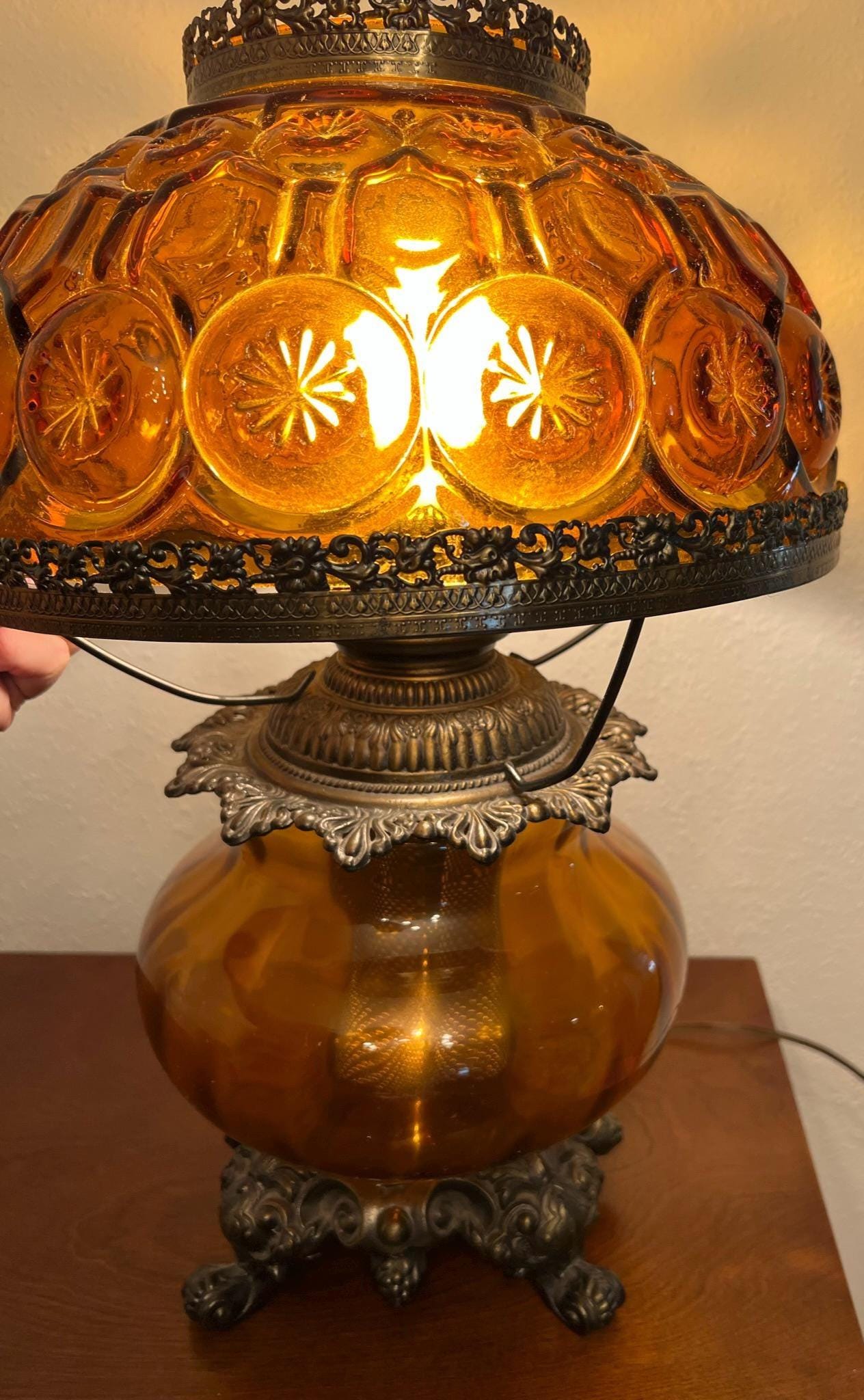 Vintage Amber Moon and Stars Table Lamp - Indiana Glass 2-piece