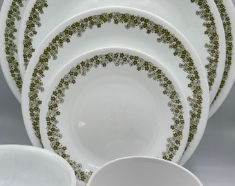 Vintage Corelle Spring Blossom Dishes: Green Floral Border, Various Pieces