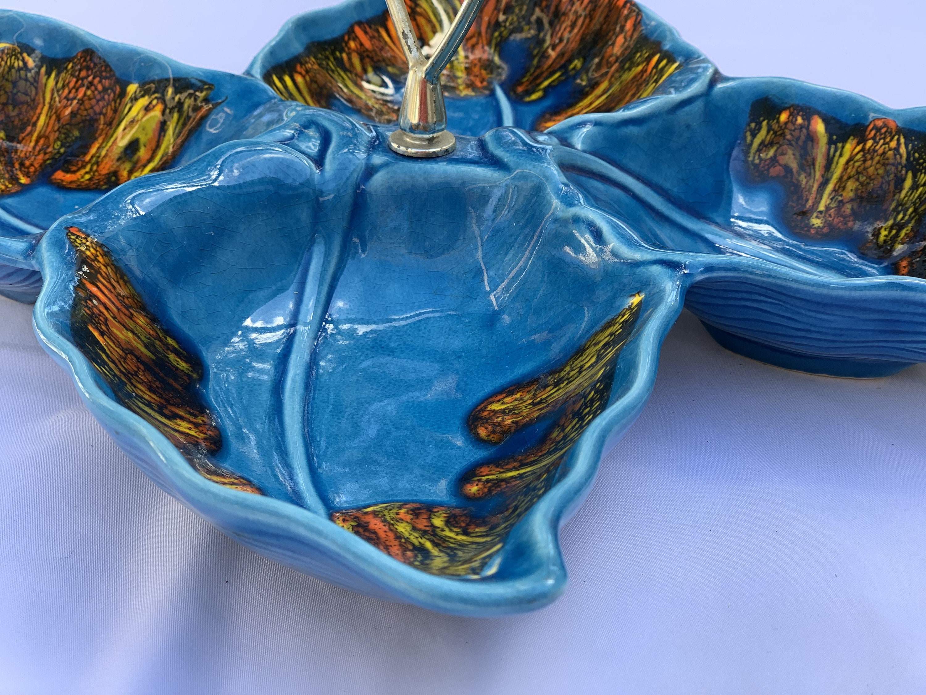 California USA Pottery Divided Dish Brilliant Blue Drip Etsy