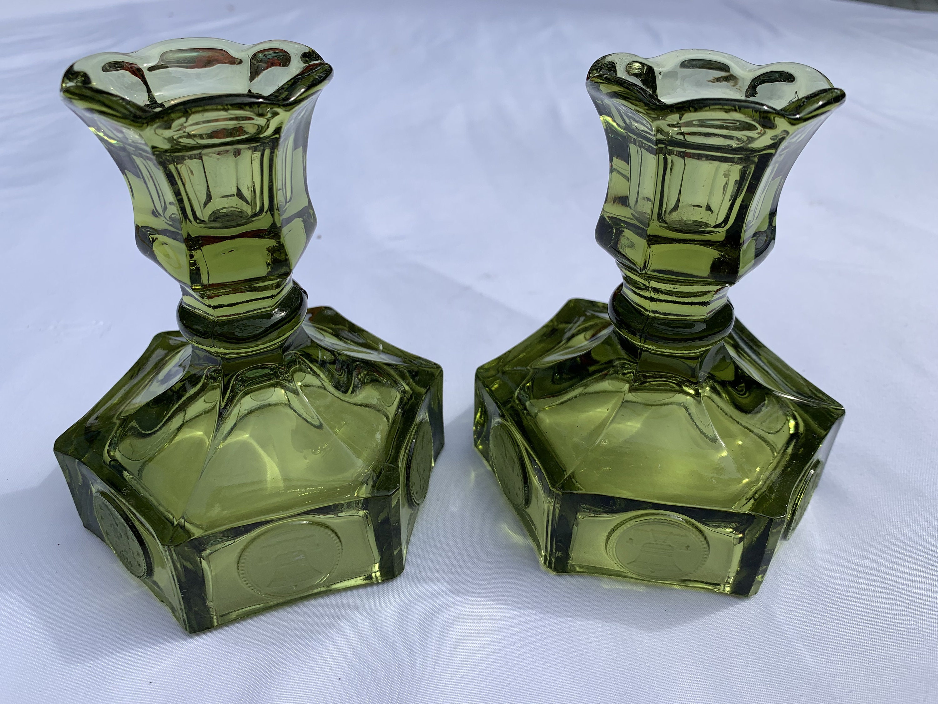 1 Pair Vintage Fostoria Coin Ware Olive Green Candle Stick Holders Art