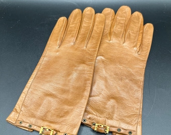 Vintage 60s Tan Leather Gloves with Gold Buckle Detail