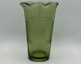 Continental Can Company 7" Hazel Atlas Green Glass Ruffle Top Ribbed Vase 60's