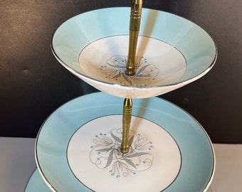 Vintage 3-Tiered Tidbit Tray: 1961 Homer Laughlin Cavalier Celeste Pattern