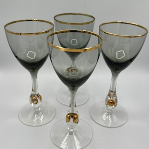 Vintage Czechoslovakian Wine Glasses - Gold Marble in Stem - Gray Bowl - Gold Rim - Exquisite - Set of 4 - So Special and Elegant!!