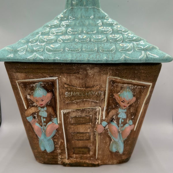 Vintage 1970s Gilner Pixie Elf School House Cottage Cookie Jar - Teal Turquoise Roof / Lid - Great Condition!