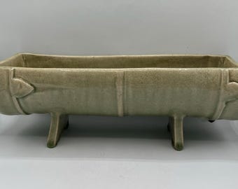 Vintage Tan Ceramic Footed Planter: Bamboo Design, Asian Flair