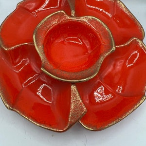 MCM California Pottery Condiment Dish: Orange Drip Glaze, Gold Trim
