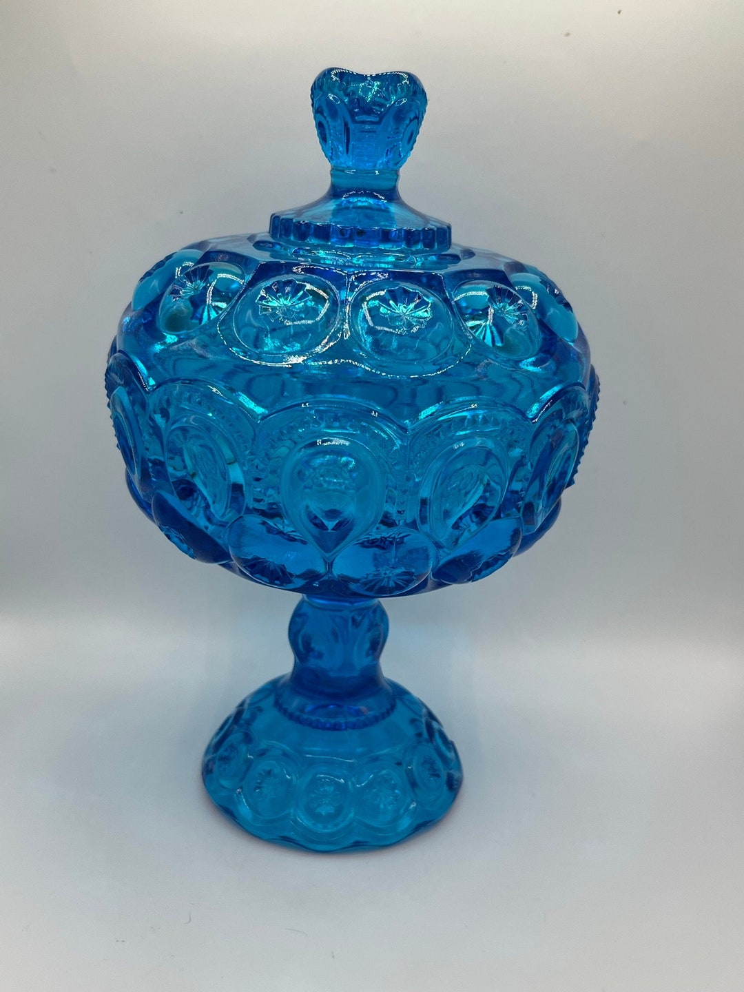 Vintage blue glass candy dish compote moon and stars pattern le smith