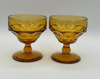 Vintage Amber Glass 2 Champagne Coupes,5 oz Pedestal Sherbet Bowls, Champagne Glasses Made by LIBBEY USA - Set of 2