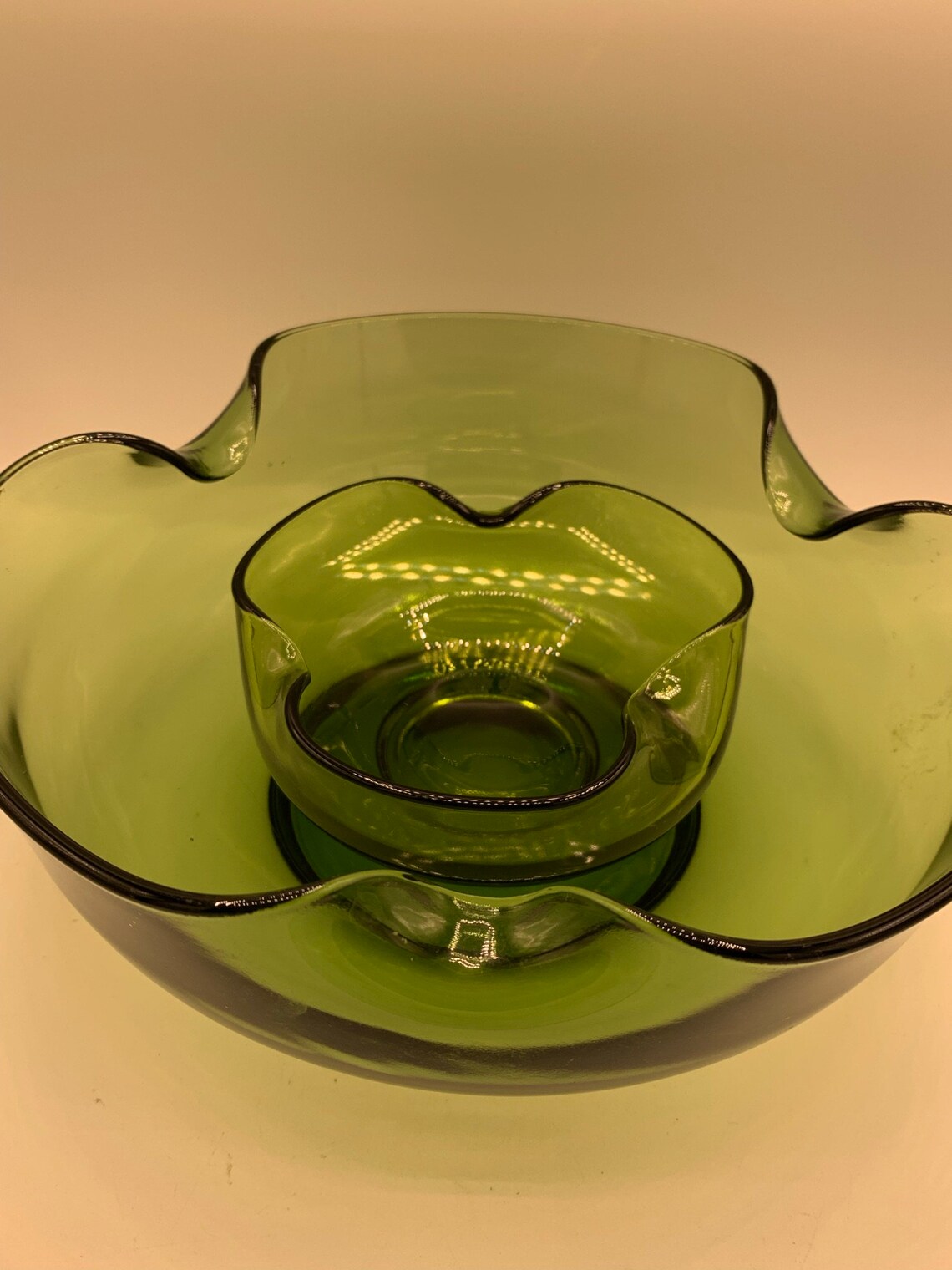 Vintage Clear Green Glass Chip & Dip Bowl Set Retro 1960's Etsy