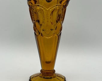 Vintage LE Smith Amber Glass Vase Moon & Stars Pattern Parfait Dish, Tulip Vase, Ruffled Edge - 6” Tall