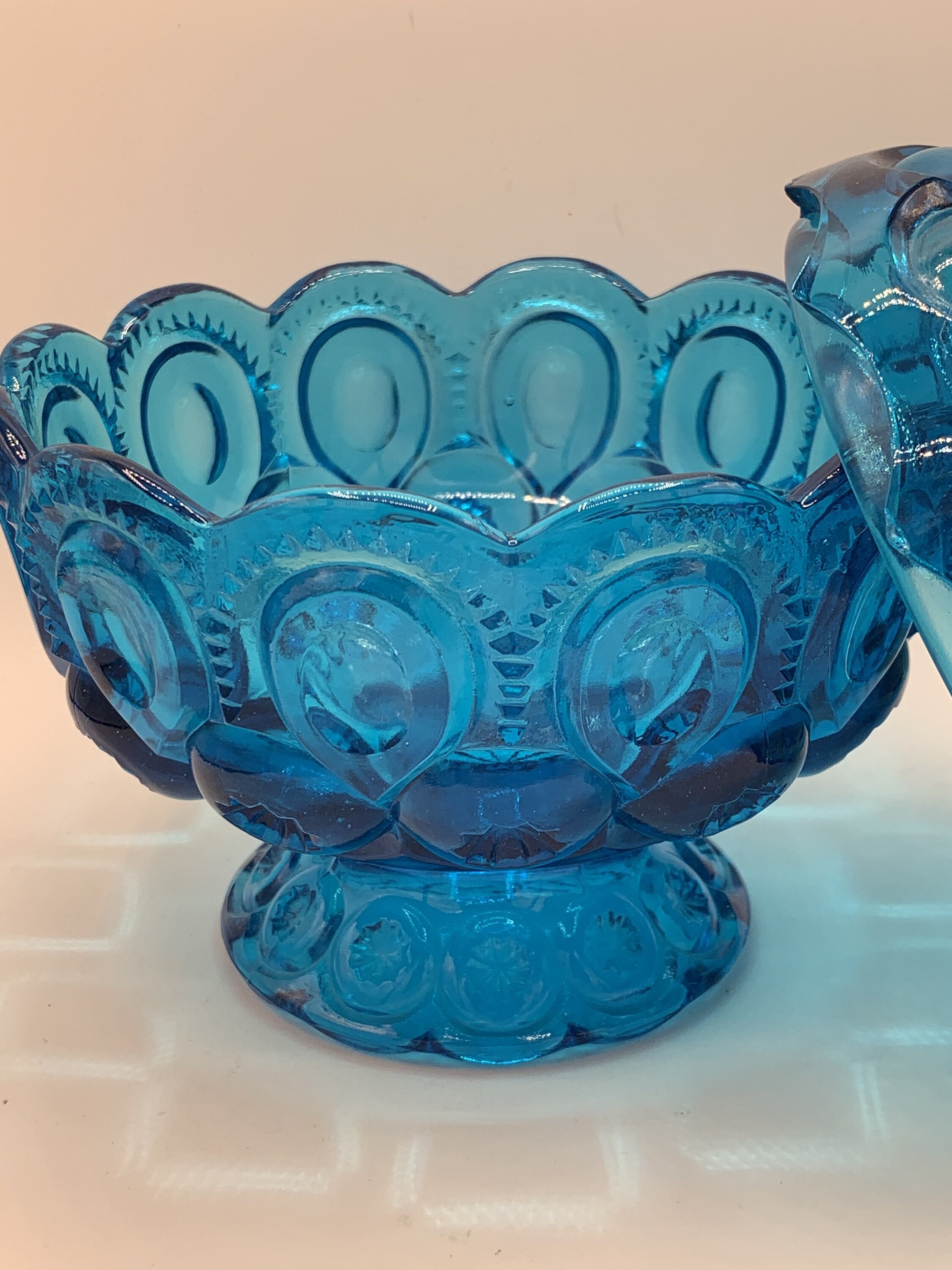 Vintage Blue Glass Candy Dish Compote Moon and Stars Pattern Etsy