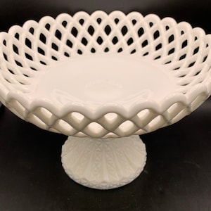 Vintage Milk Glass Footed Bowl: Lace Edge, Cut Glass Base