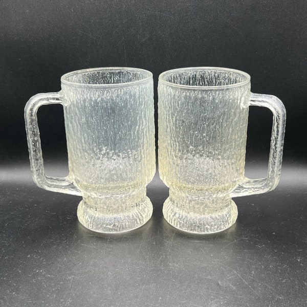 Retro 1980's Footed Beer Mugs - Indiana Glass - Crystal Ice - Winter Is Coming - Game of Thrones Bar Party - Textured Bark Design - Set of 2