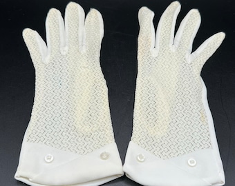 Vintage 60s White Nylon Gloves: See Through Pattern, Button Trim